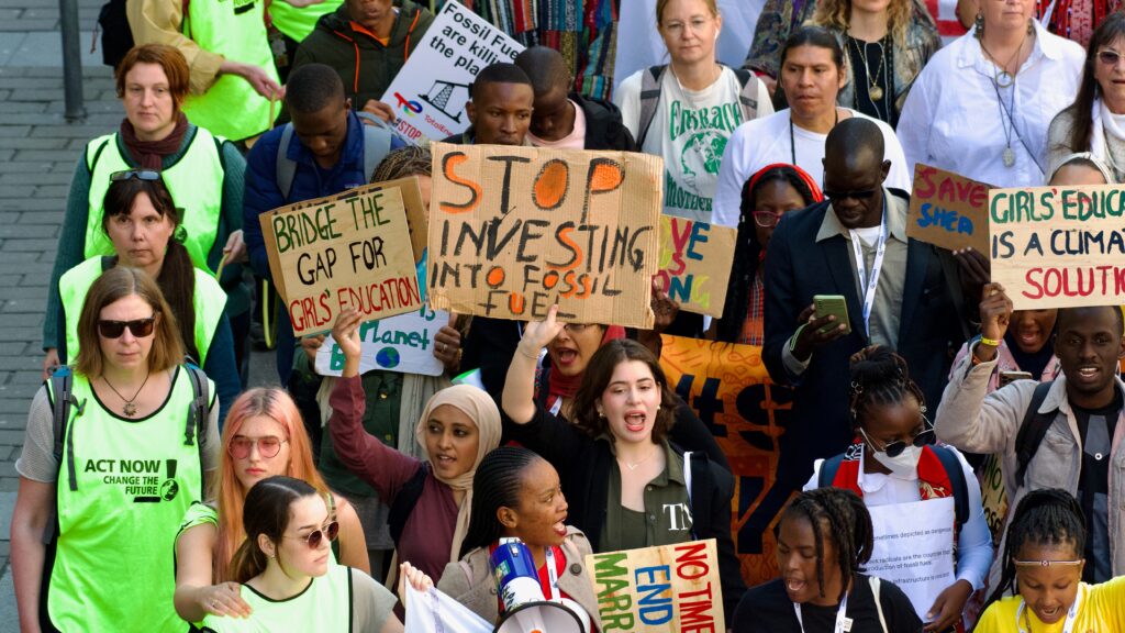 A group of climate protestors in Stockholm, Sweden.